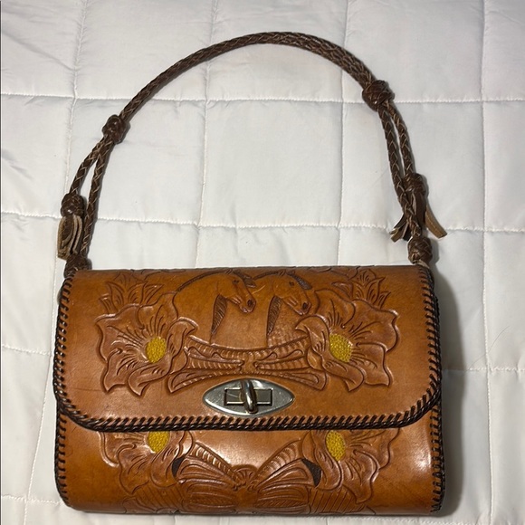 Handbags - Tooled Leather Purse Shoulder Bag Horse Floral Adjustable Strap